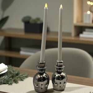 Silver Snowman Candle Holders with Battery-Operated Candles Included
